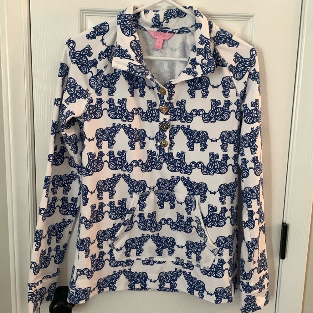 Women’s Lilly Pulitzer Captain Popover White w/Blue Elephants Cotton Blend Sz. S
